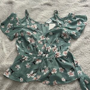 Business Casual Flower Tie Up Blouse Short Sleeve Small